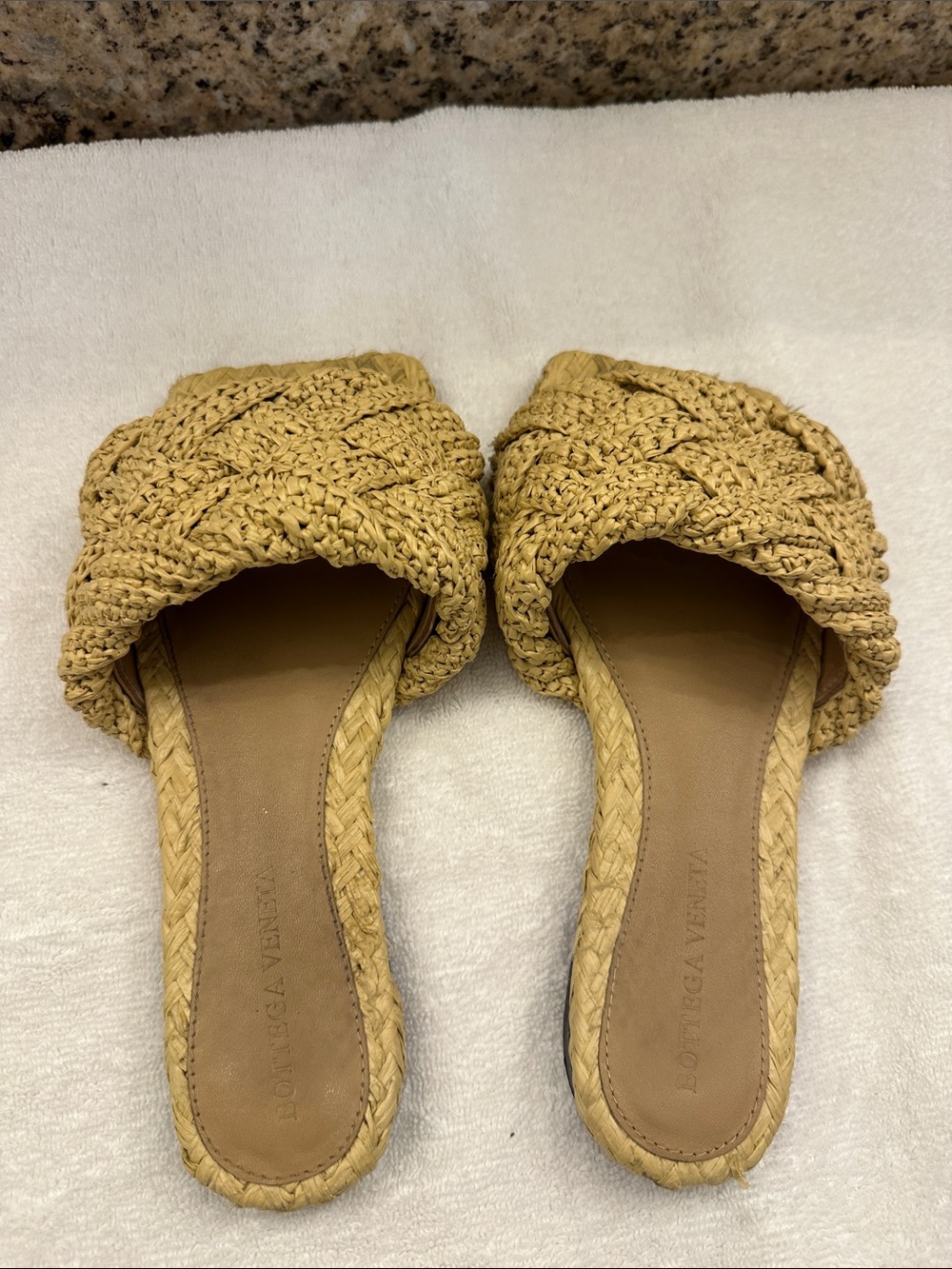 Bottega Veneta Braided Raffia Slide Sandals in Natural Tan